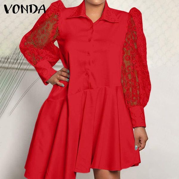 

casual dresses women shirt dress vonda puff sleeve pleated asymmetric hem bohemian vestidos ladies lapel collar button up beach sundress, Black;gray