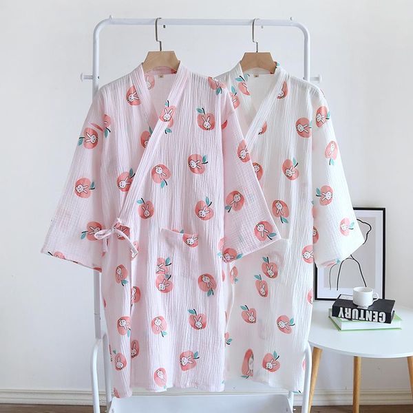 

women's sleepwear summer japanese thin kimono bathrobe cotton double crepe home clothes women long robe three quarter sleeves cartoon r, Black;red