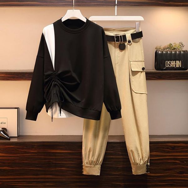 

plus size women casual streetwear two piece sets spring 2021 new sweashirt patchwork pullover and pants suit matching suit, White