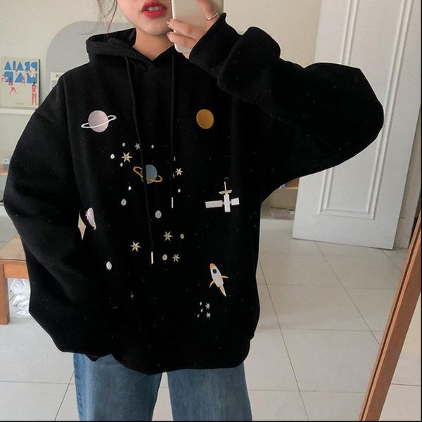 

3 colors 2021 autumn and winter preppy style cartoon print thicking hoodies womens sweatshirts and pullovers f3827, Black