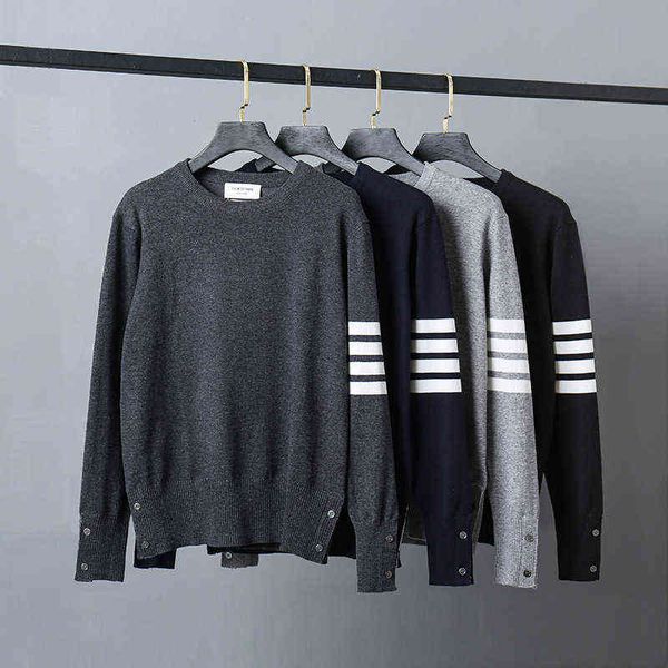 

2021 fashion brand tb sweaters men slim fit o-neck pullovers clothing striped wool cotton solid autumn winter casual coat, White;black