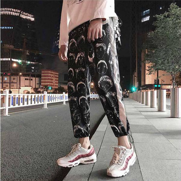 

2021 deeptown hip hop joggers zomer fashion joggingbroek reflecterende beam voeten zweet wit print broek vrouwen eqjx, Black;white