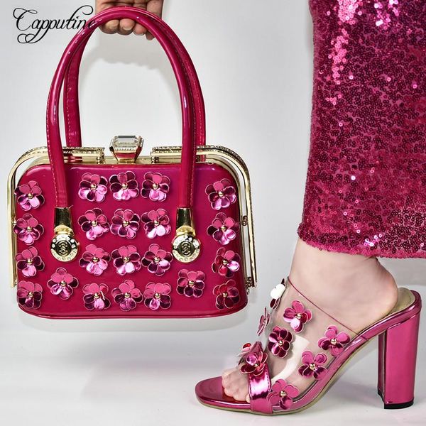 

dress shoes fashionable fuchsia party set high heel sandal and handbag sets with appliques 118-1, height 11.5cm, Black