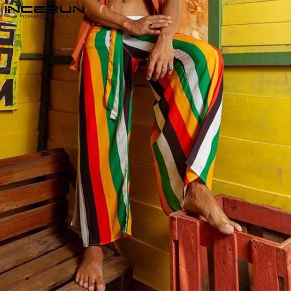 

men's pants men striped lace up streetwear vacation joggers 2021 wide leg trousers loose casual pantalones hombre s-5xl incerun, Black