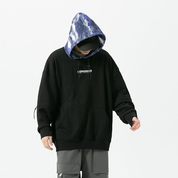 

2021 new hip hop retalhos o-pescoo mangas compridas hoodies blusa superior hoodie masculino preto branco solto camisolas casuais 4zg3, Black