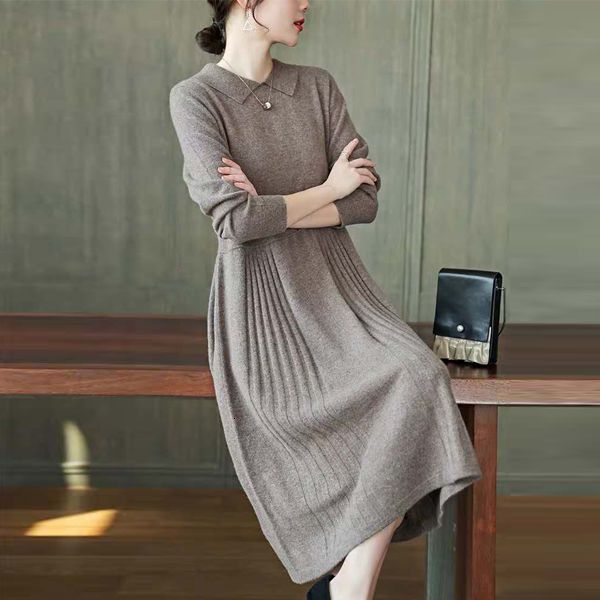 

new women 2021 spring autumn knit a line pleated female elegant long sleeve pullover sweater es casual party vestido a669ttrc, Black;gray