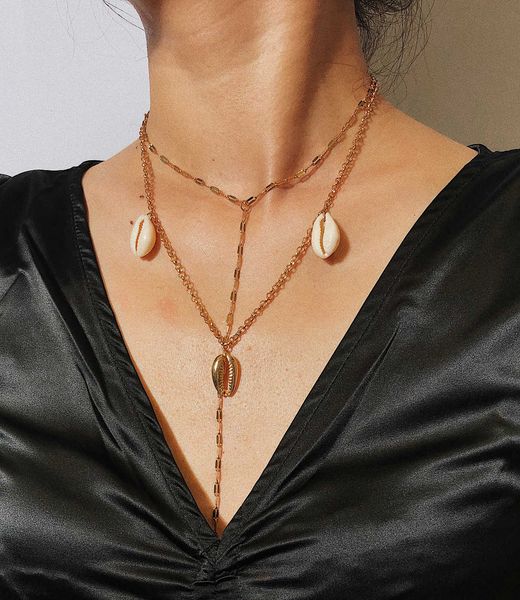 

jewelry simple chain geometric women's multi-layer shell tassel y-shaped creative necklace, Silver