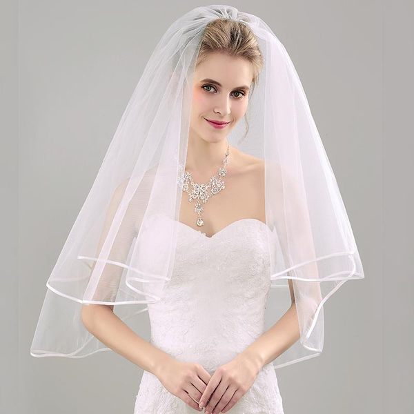 

bridal veils lan ting bride two-tier ribbon edge wedding veil fingertip 53 flower comb organza, Black