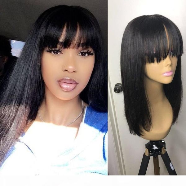 

brazilian human hair lace front wig with bangs long straight real virgin hair pre plucked hd transparent lace frontal wigs for black women, Black;brown