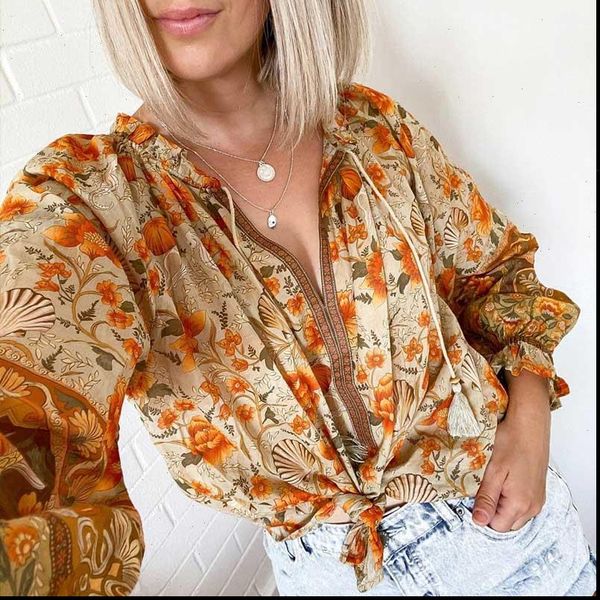 

yellow floral long sleeve blouse women tassel tied v neck loose blouse for women 2021 summer blouses, White