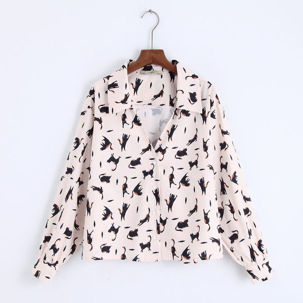 

2021 new autumn ladies blouse fly cartoon cat impression sweet girly style lovely neckline v manga long high-end shirt jr20, Gray