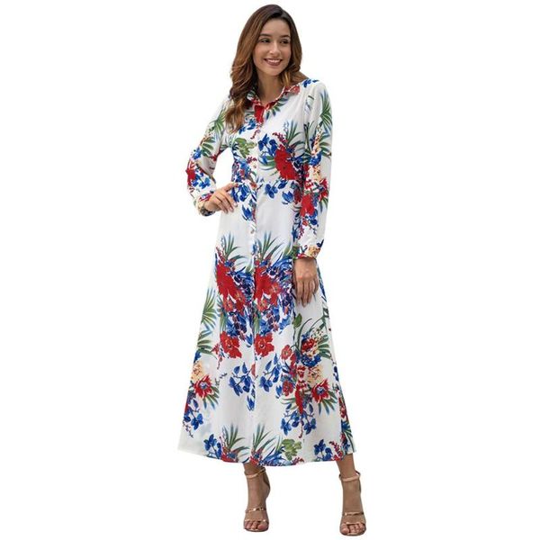 

casual dresses 2021 turn down collar office ladies printing shirt dress long chiffon beach sleeve elegant party vestido, Black;gray