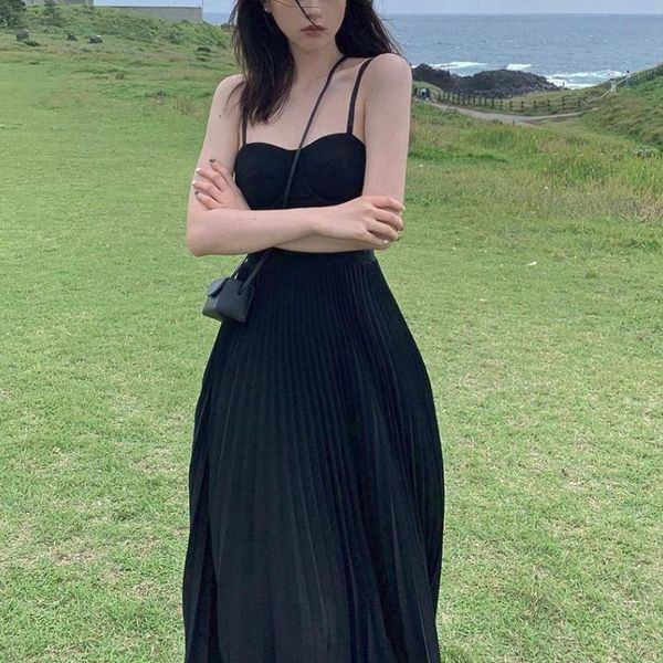 

casual dresses french summer dress 2021 black midi elegant strap female party design korean style fashion sleeveless gothic, Black;gray