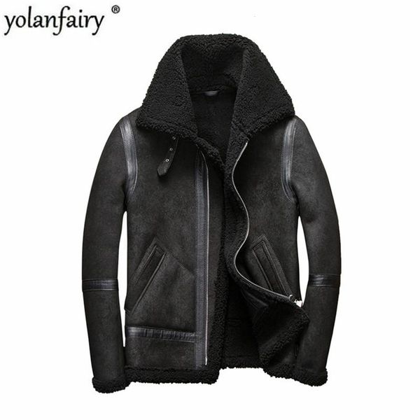 

men's leather & faux real fur coat men plus size wool jacket short motorcycle sheep shearing winter for mens clothing veste homme 5262, Black