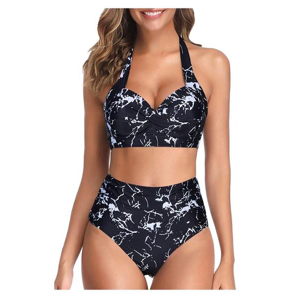 

women's swimwear women vintage swimsuit two piece retro halter ruched high waist print bikini set beach summer brazilian bikinis 2021, White;black