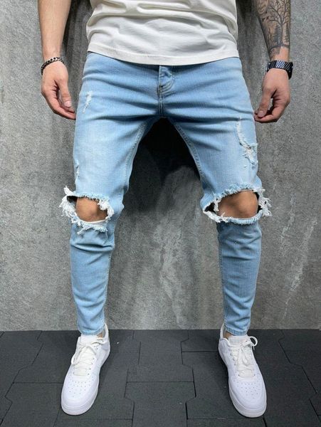 

romwe guys ripped zip fly jeans x7dv#, Blue
