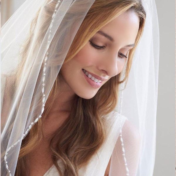 

bridal veils elegant beaded wedding veil one layer short with comb women crystal edge, Black