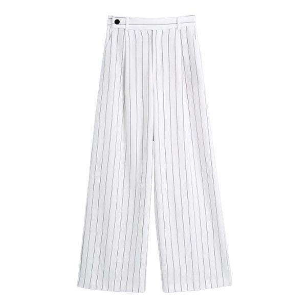 

women fashion office wear side pockets straight stripe pants vintage high waist zipper fly female trousers mujer 210531, Black;white
