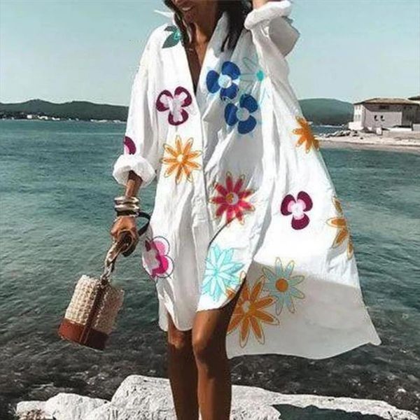 

summer long sleeve floral leaf women dresses print single breasted shirt plus size loose beach party vestidos robe blouse, Black;gray