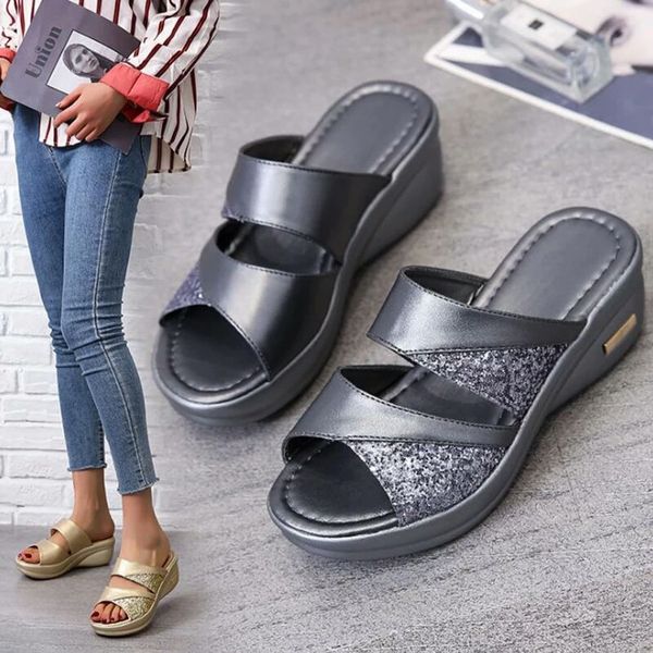 

new summer thick - soled cake wedges and fish - mouth slippers for women, Black