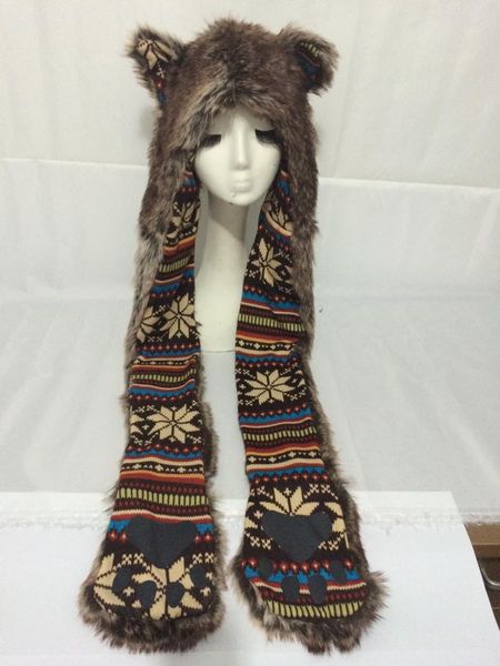 

hats, scarves & gloves sets european and american imitation fur hat plush cartoon animal scarf in one piece winter set, Blue;gray