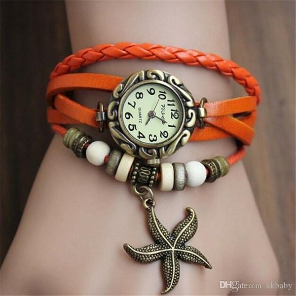 

wristwatches fashion vintage victorian style starfish leather watch hour genuine cuff bracelet for ladies girls women, Slivery;brown