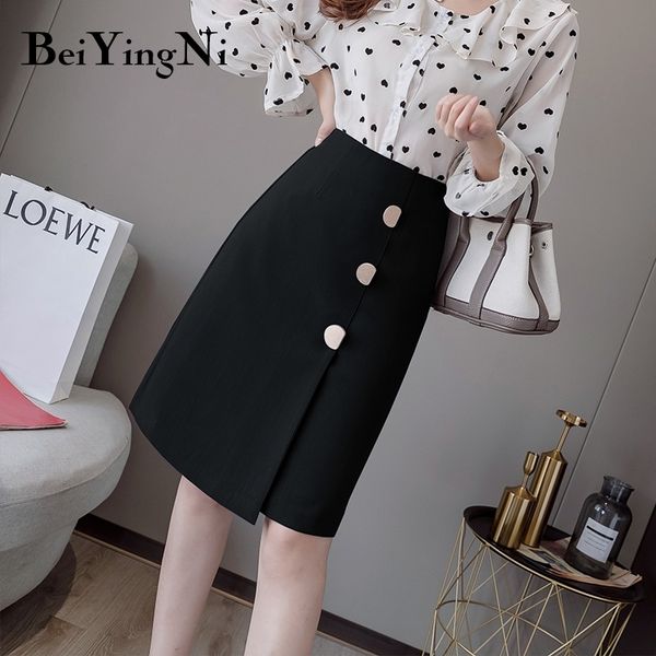 

beiyingni vintage office ladies skirts buttons a line knee-length elegant skirt women high waist jupe femme split bottoms 210309, Black