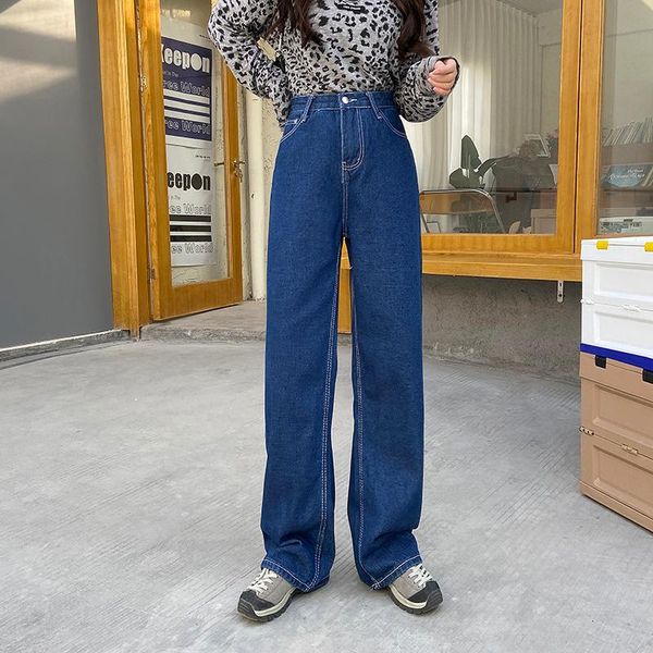 

women's jeans winter style summer women high waist straight wide leg retro blue long denim pants streetwear female washed loose trouser
