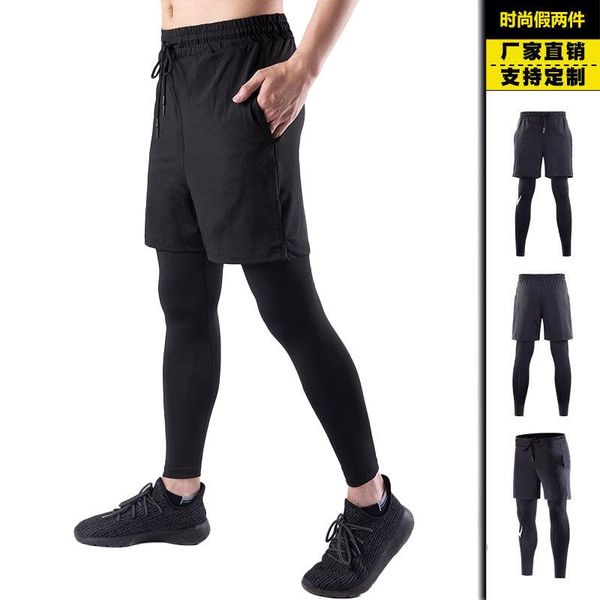 

men's pants fake two-piece fitness stretch running quick-drying feet training, Black