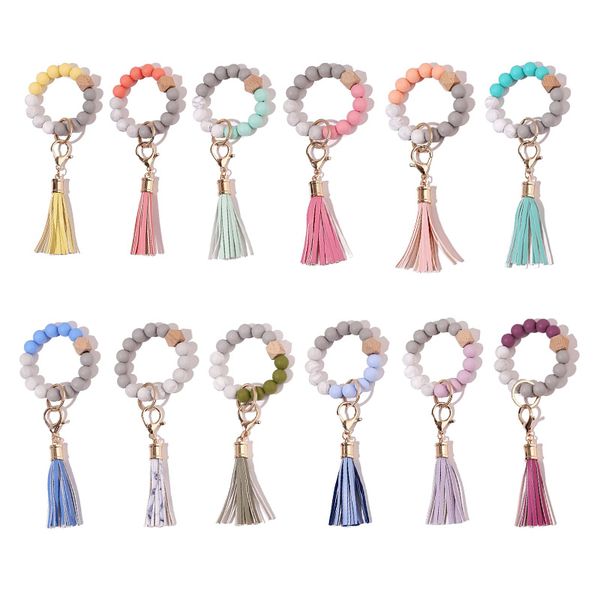 

silicone beaded bangle keychain with tassel for women party favor, wristlet key ring bracelet