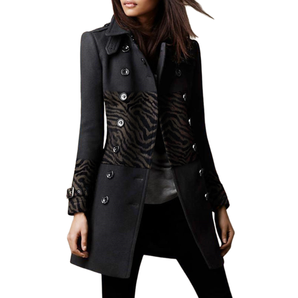

women long trench 2021 spring fashion overcoat leopard print splicing black woolen coat office lady gothic young girl female new