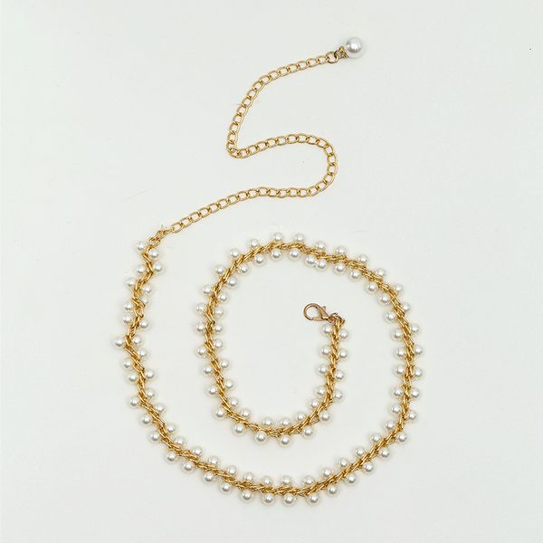 

sweet pearl waist chain women's decorative versatile elastic thin belt with skirt waist metal chain, Black;brown