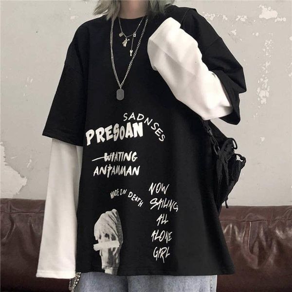 

black letter print tshirt loose punk t-shirts womens autumn high street t shirts funny long sleeve tshirt streetwear gir, White