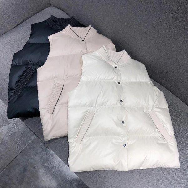 

2021 new ladies fashion sleeveless stand collar cashmere stitching down jacket vest 1124, Black