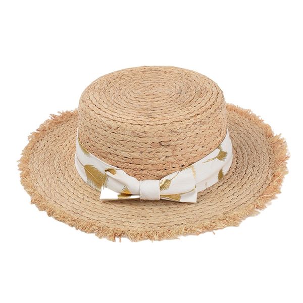 

2021 new feather printed bow raffia for women summer flat sun hats up tea party hat wholesale rcal, Blue;gray