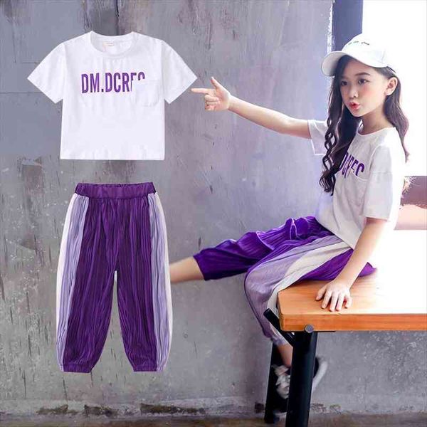 

summer girls clothes suit letter t shirt fight color pants 2pc set complete childrens 10 12 year, White
