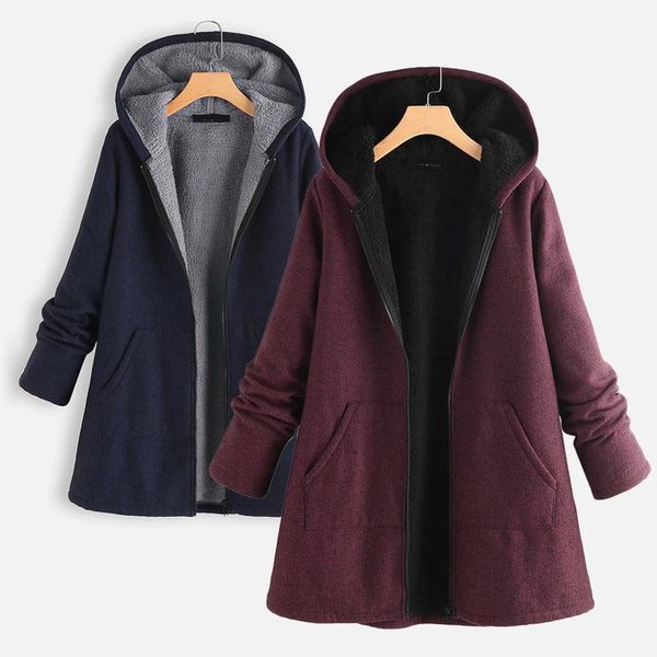 

women's wool & blends 2021 winter vintage women coat warm solid thick fleece hooded long jackets with pocket ladies outwear loose for, Black