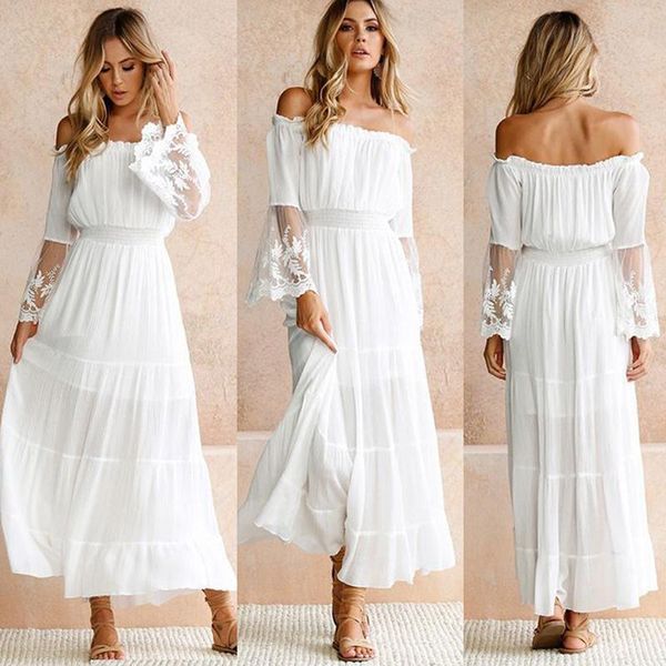 2021 Abito da spiaggia bianco allentato a maniche lunghe senza spalline da donna Abiti maxi Boho in pizzo con spalle scoperte sexy