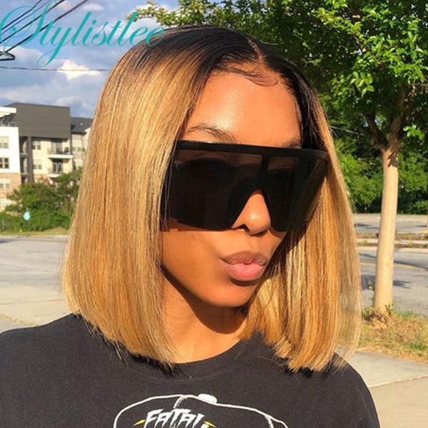 

lace wigs straight short bob 13x4 front human hair brazilian remy 180% ombre brown frontal for women wig, Black;brown