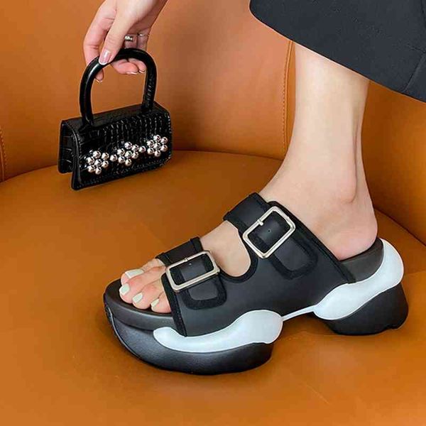 

slippers women's summer slippers plus size 22-26cm of silk leather modern-day outdoors buckle black and white decoration women's u