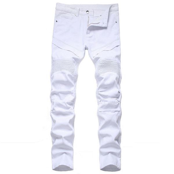 

trendy patchwork white pleated men's slim fit biker jeans solid long denim pants men clothing casual hombres motorcycle 210716, Blue