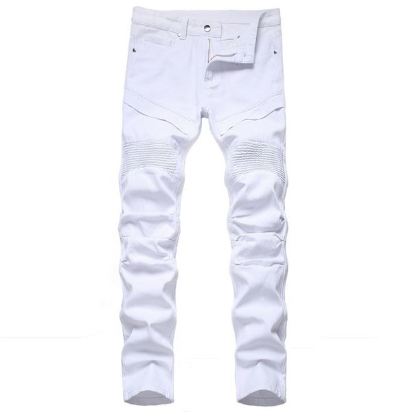 Jeans da motociclista slim fit da uomo a pieghe bianchi alla moda patchwork pantaloni lunghi in denim solido abbigliamento uomo casual hombres moto 210716