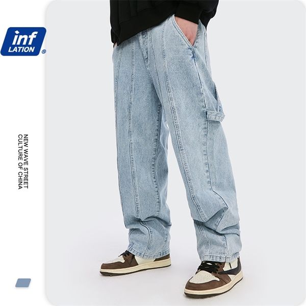 Jeans masculinos elásticos soltos INFLATION Calças jeans lavadas masculinas Streetwear Azul Jeans vintage hip hop calças folgadas masculinas 3256W 210317