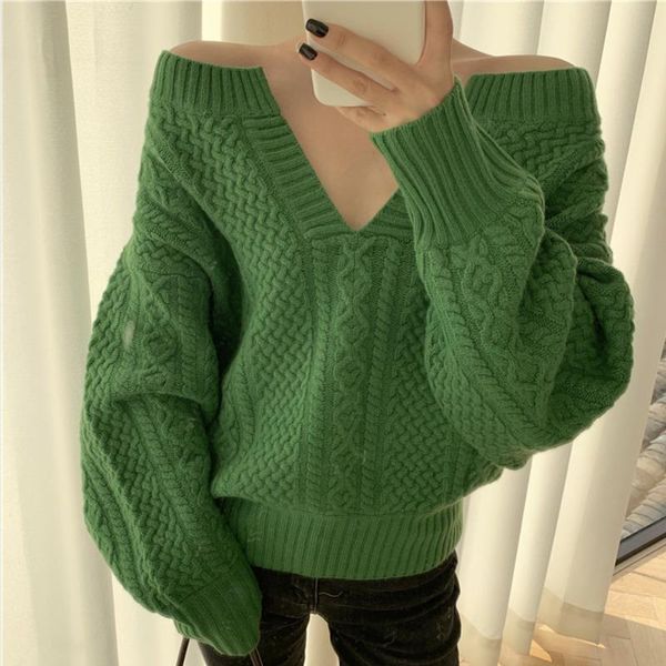 

women's sweaters v-neck knitted sweater women loose off shoulder pullovers long sleeve 2021 autumn winter casual green sueters de muje, White;black