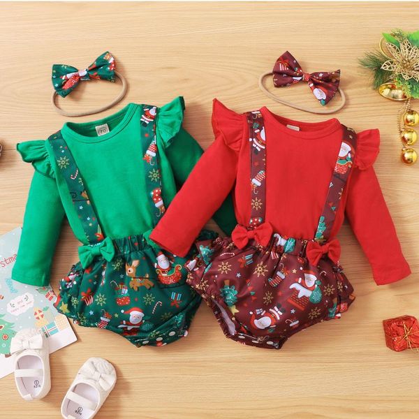 

clothing sets infant baby girls christmas xmas long sleeve +santa deer suspender shorts headbands outfits born clothes, White