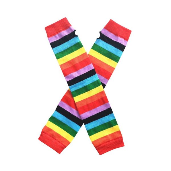 

five fingers gloves jaycosin elbow length fingerless arm sleeve warmer rainbow colored striped knitted sunscreen costume mittens, Blue;gray