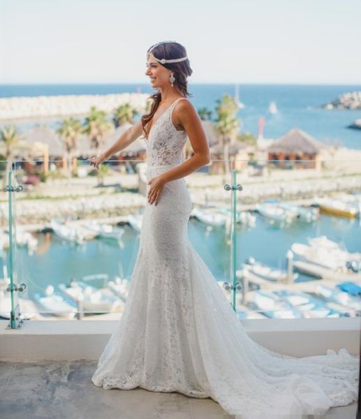 

bohemian ivory lace mermaid wedding dresses deep v neck open back long country boho beach wedding gown bridal dress 2021 vestidos, White