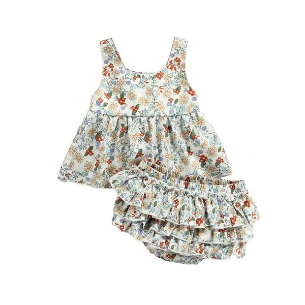 

clothing sets 2021 girl set small floral print multi-layer ruffle decoration camisole + shorts sweet style summer outfits, White