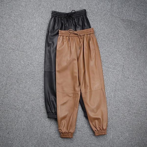 

women's pants & capris spring autumn real genuine leather pant high waisted women culottes casual bodycon party harem office ladies clo, Black;white