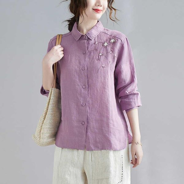 

women's blouses & shirts literature and art embroidery cotton linen shirt 2021 spring long sleeve loose large casual top, White